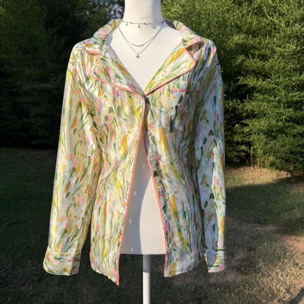 Anthropologie Satin Pajama Top Abstract Print Button Down Shirt Medium
